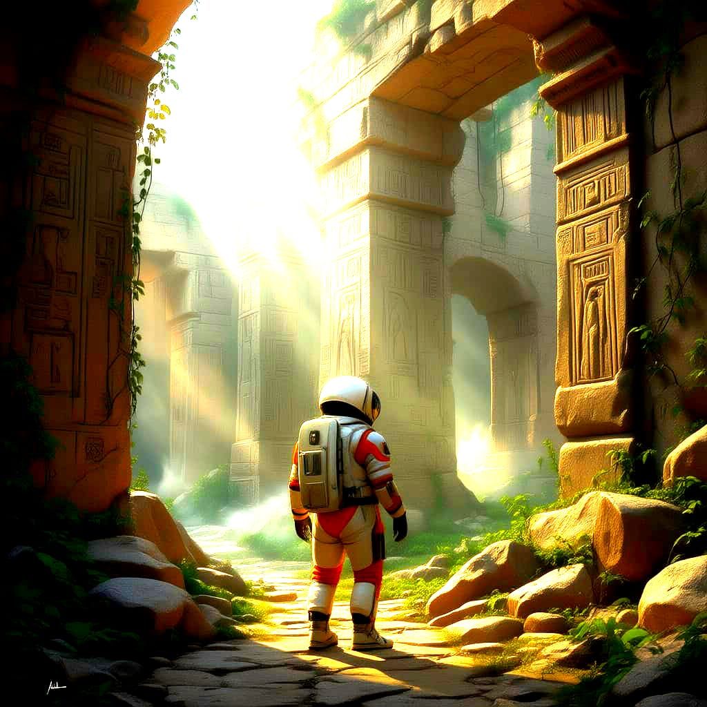 Astronaut Exploring Ancient Overgrown Ruins