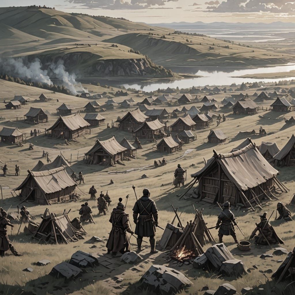 Medieval Nomadic Warriors Camp on Volga River Painting