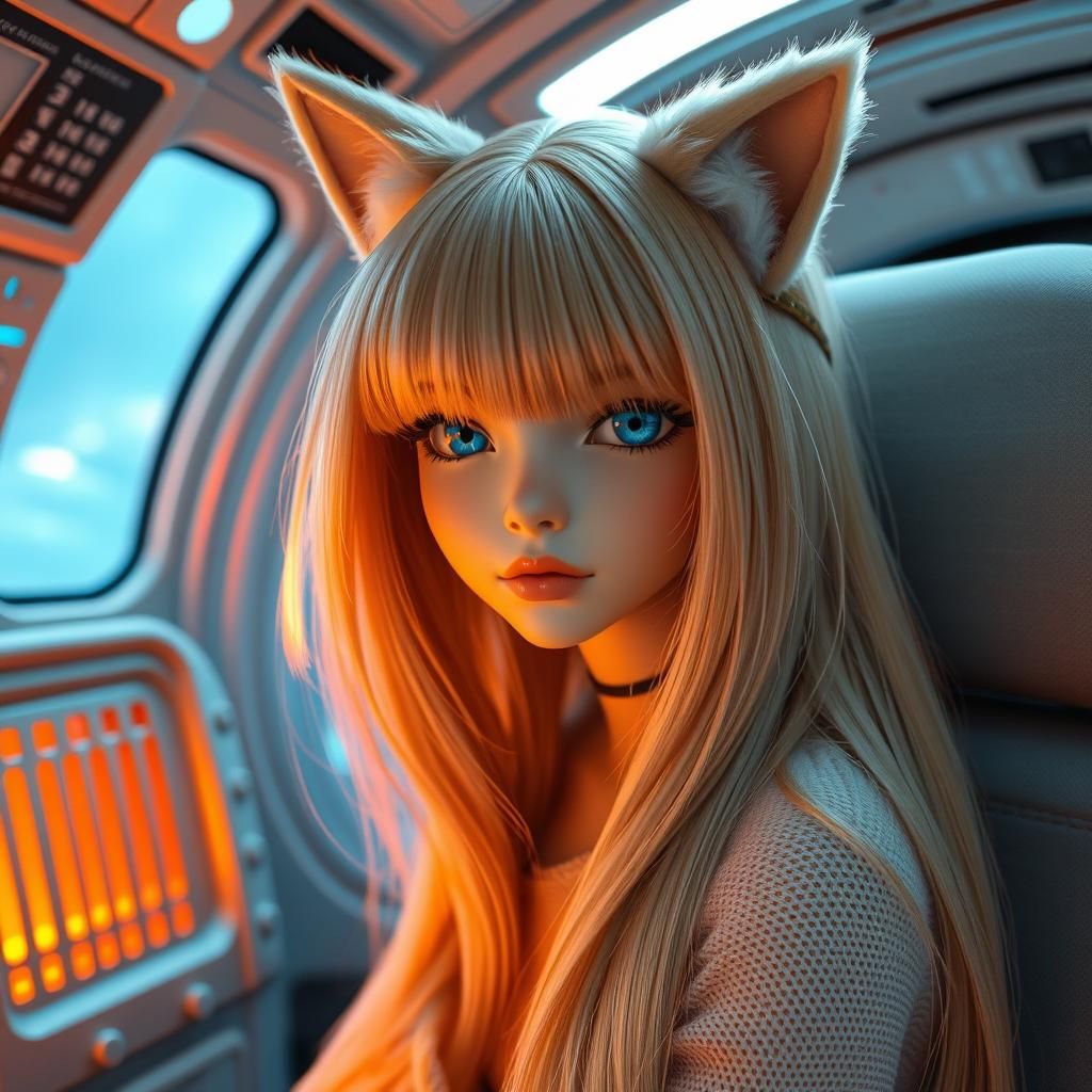 Beautiful Woman with Kitty Ears in Spaceship