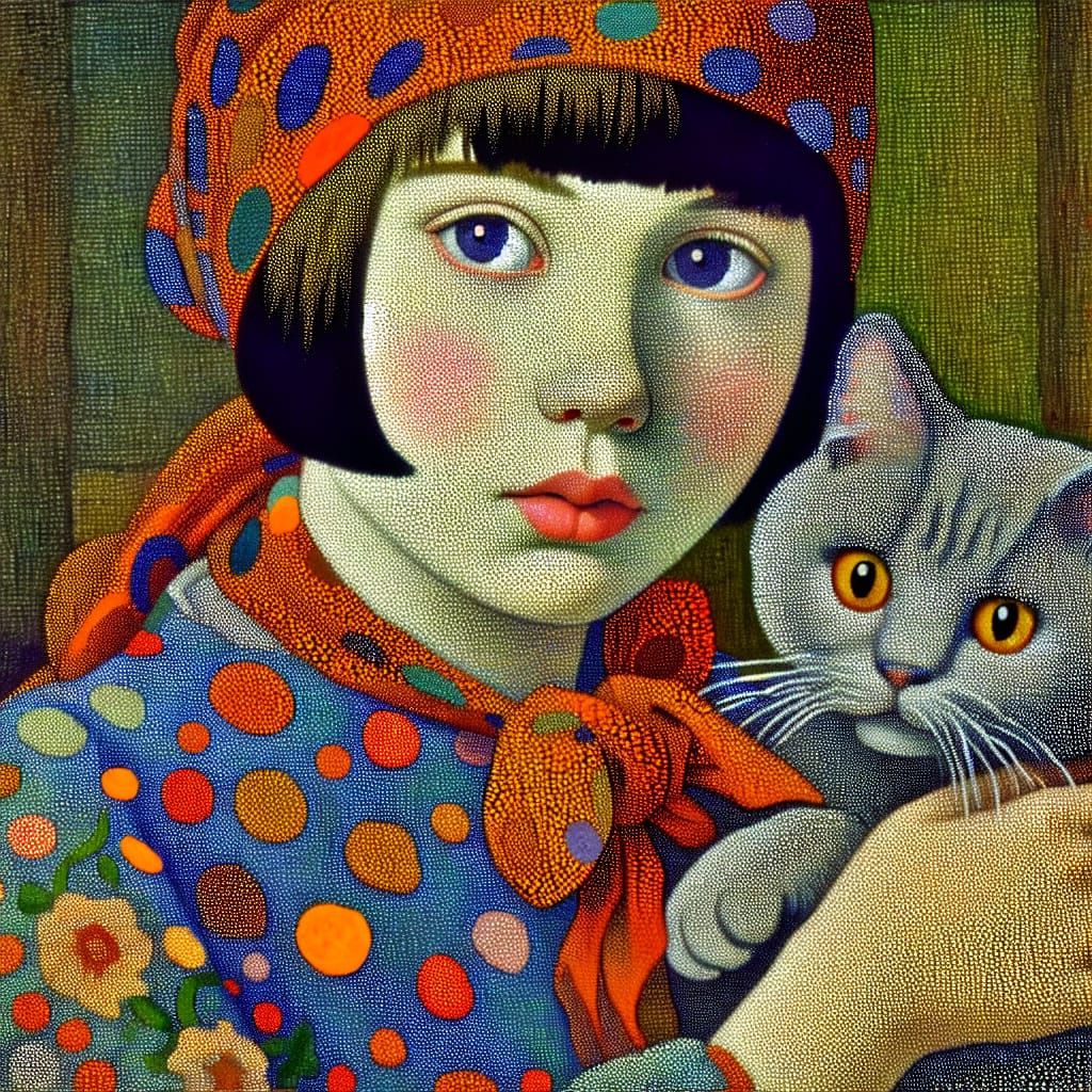 Colorful Pointillist Portrait of Woman with Cat