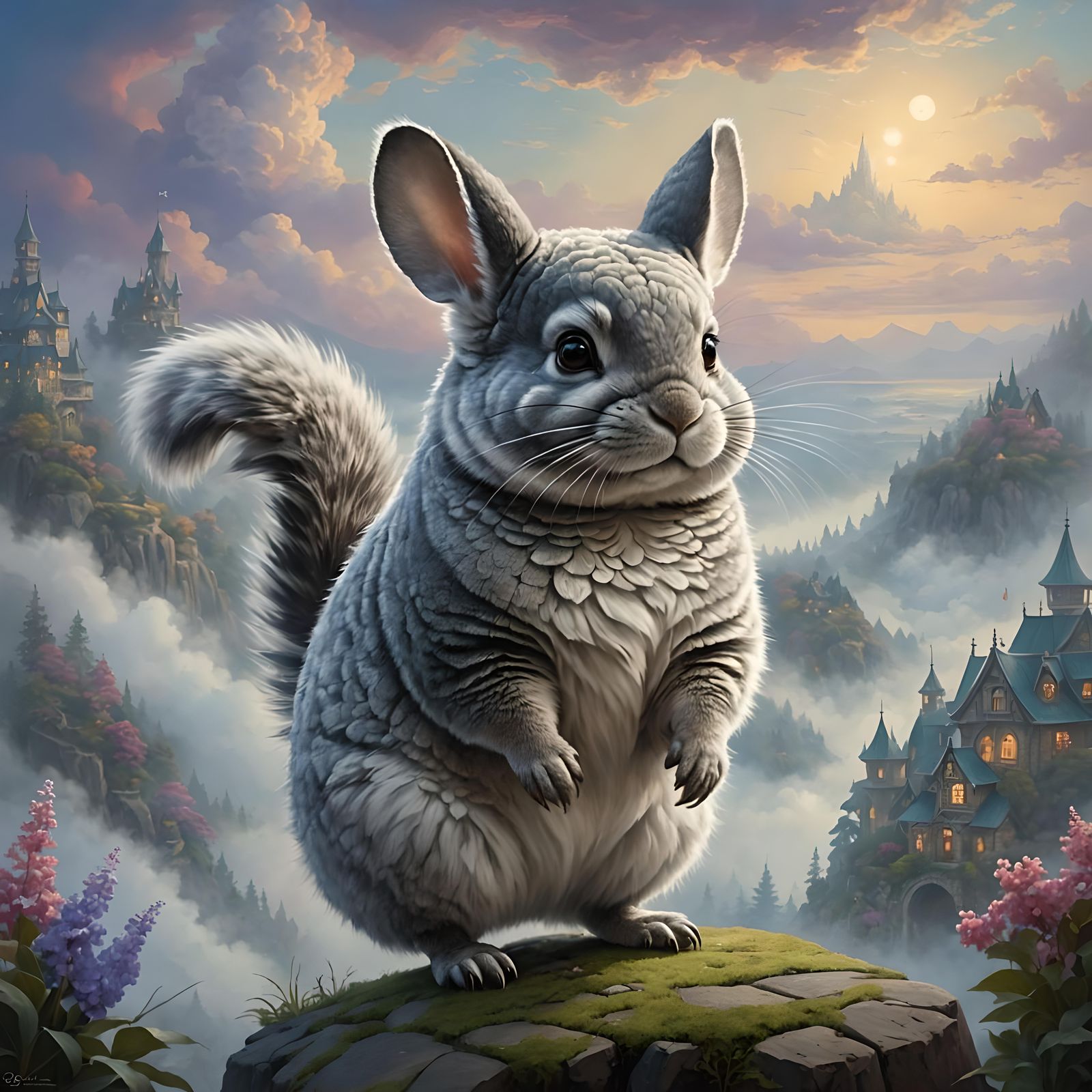 Ethereal Cloud Chinchilla in a Thomas Kinkade Style