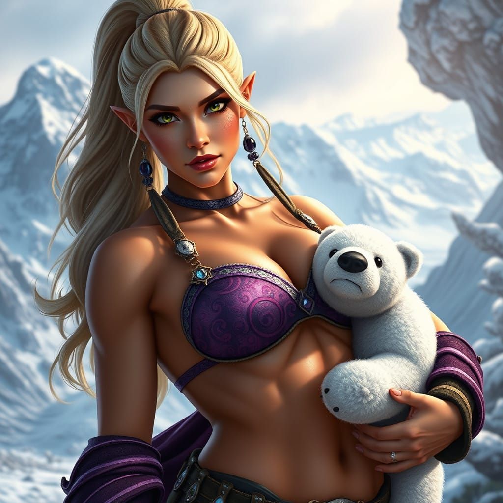A beautiful light elf pirate queen with a toy polar bear