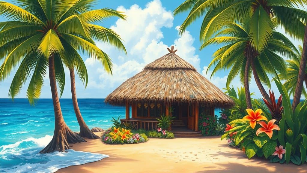 Tropical Tiki Cottage in Impressionist Style