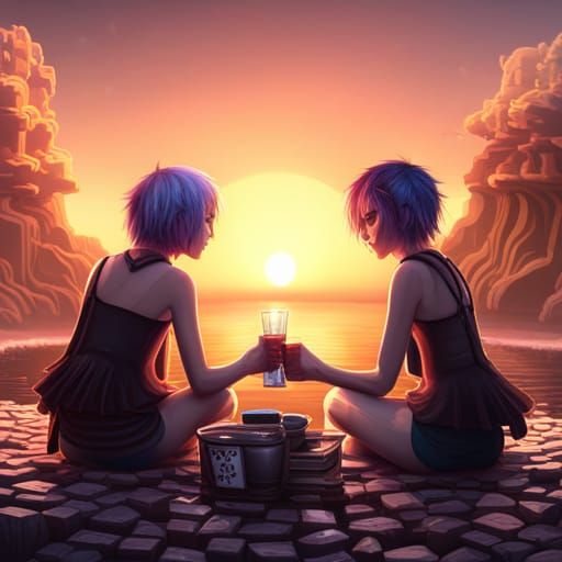 Two Cute Emo Girls at Sunset in Detailed Matte Painting