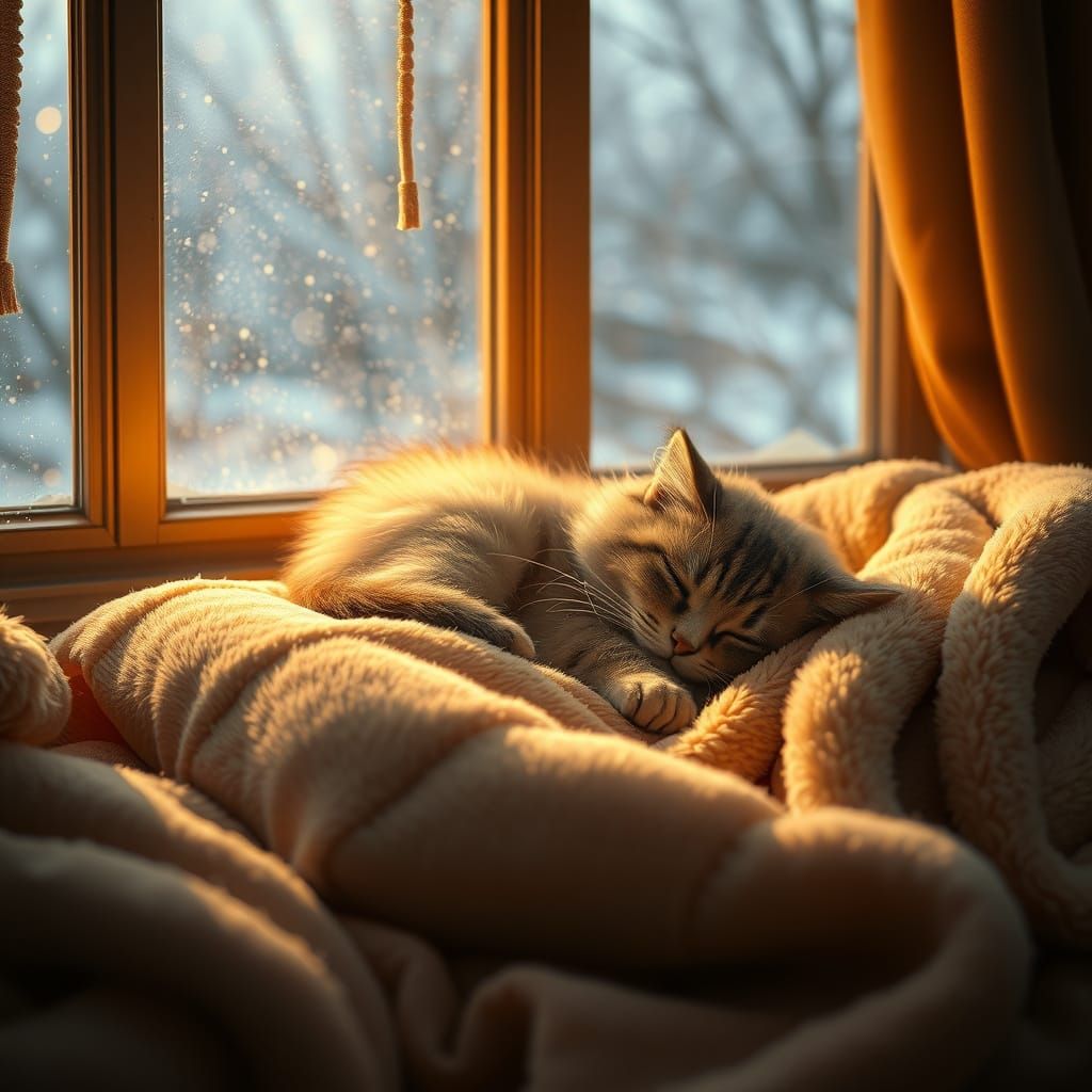 Cozy Winter Scene with a Sleeping Cat