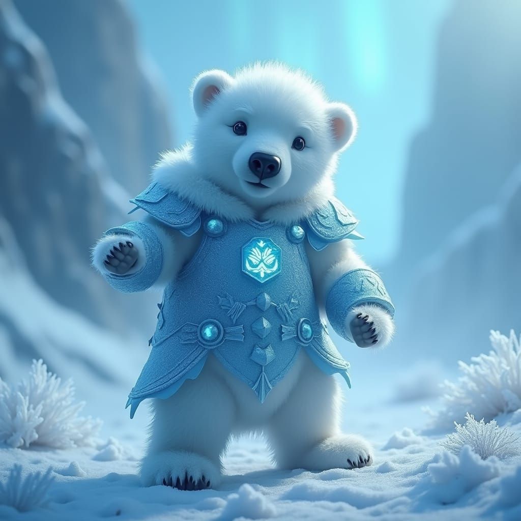 Armored Polar Bear Cub in Arctic Landscape