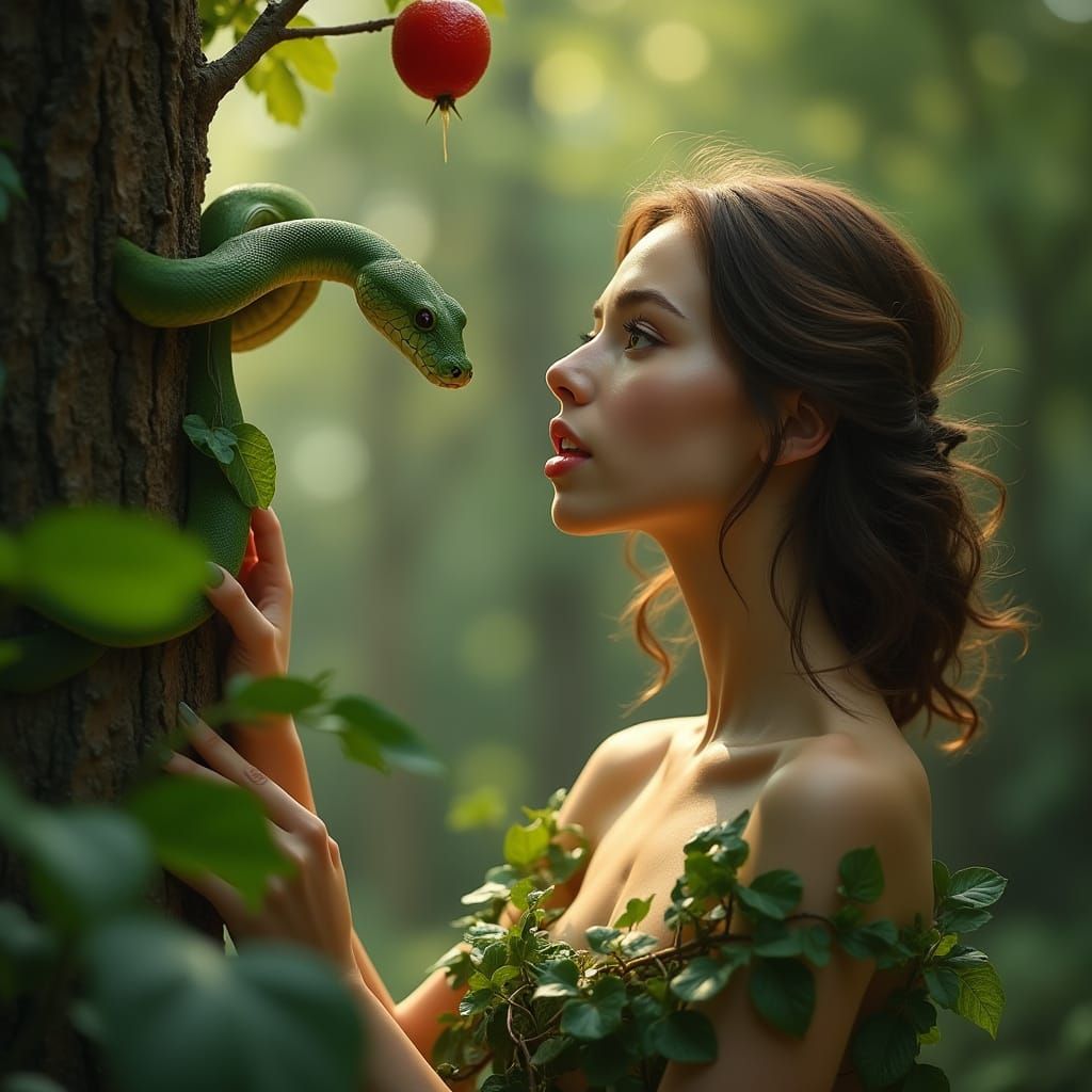 Woman in Forest Gaze Longingly at Snake in Tree