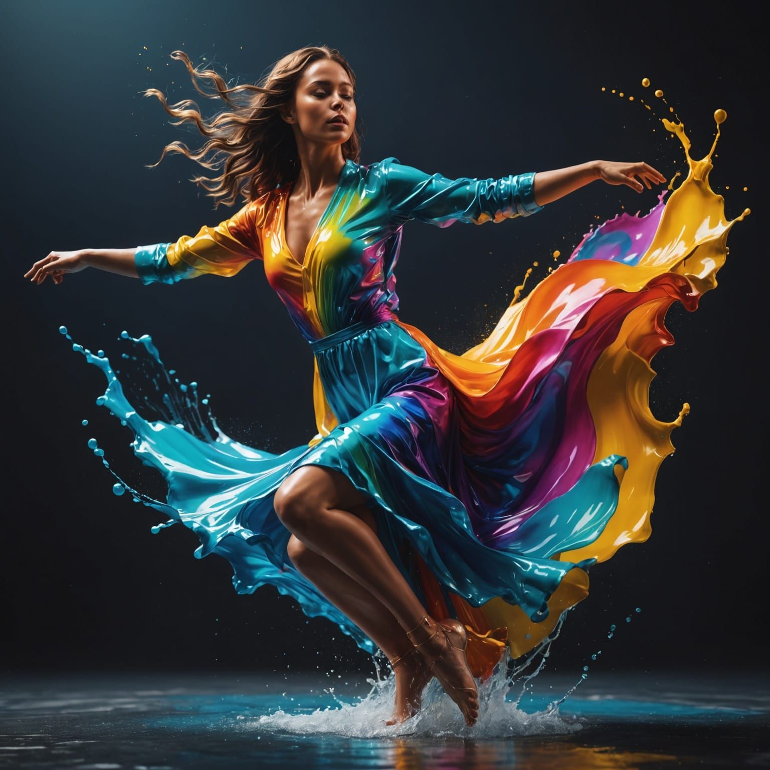 Liquid Woman Dancing in Dramatic Splash Art Style