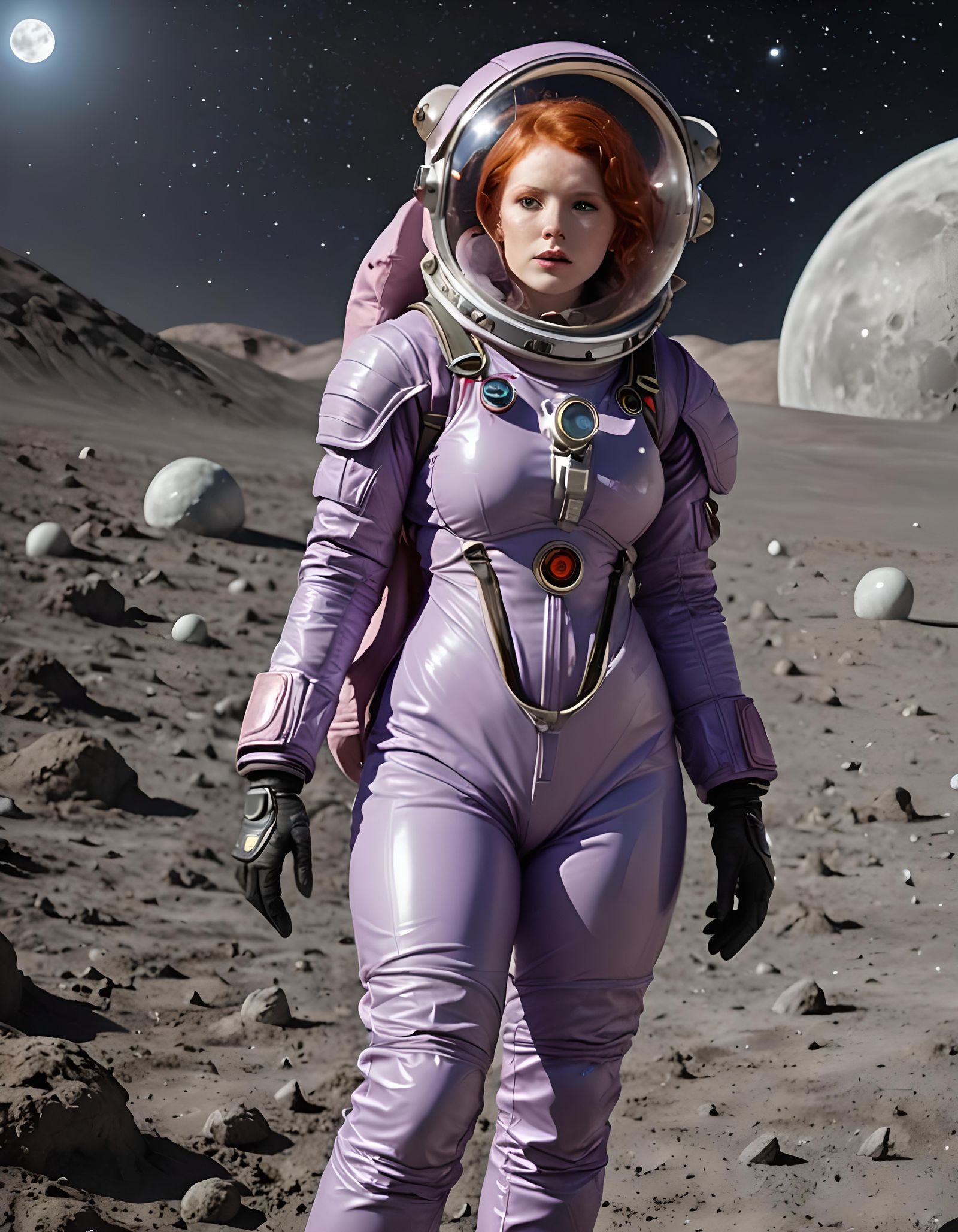 Red-Haired Astronaut Exploring Moon in Lilac Spacesuit