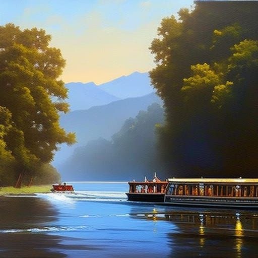 Picturesque River Cruise in Oil Painting Style
