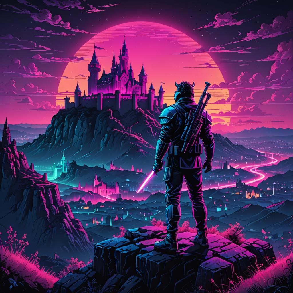 Synthwave Hero Overlooks Evil Castle in Retro 80s Style