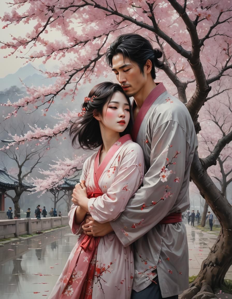 Lost Lovers Embrace Under Cherry Blossoms