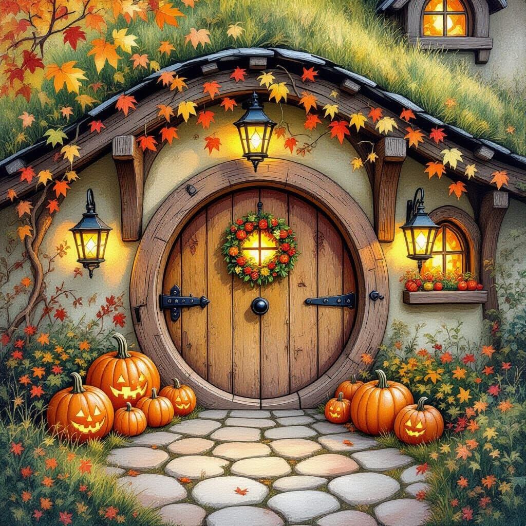 Cozy Hobbit Hideout with Autumn Decorations