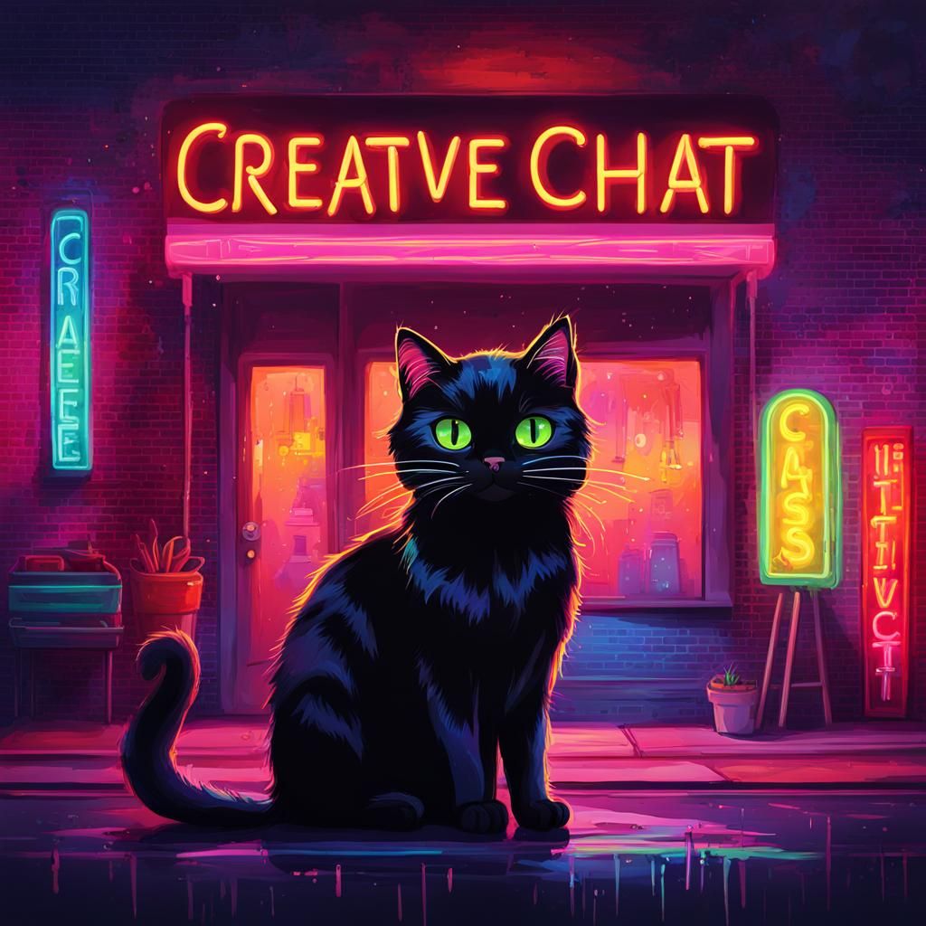 Adorable Cartoon Cat Under Neon Sign
