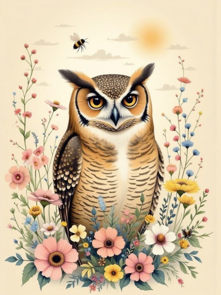 Surreal Landscape with Owl in Whimsical Floral Arrangement