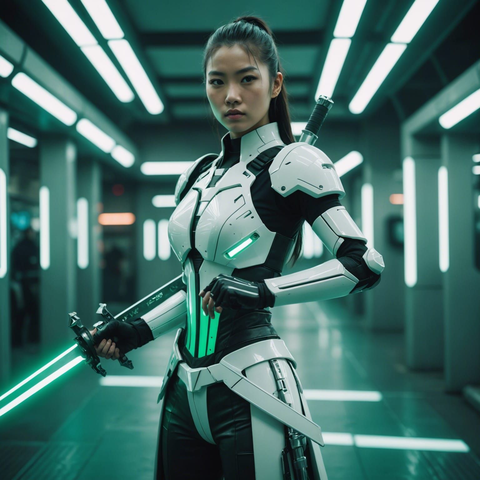 Futuristic Woman with Sword in Cyberpunk Style