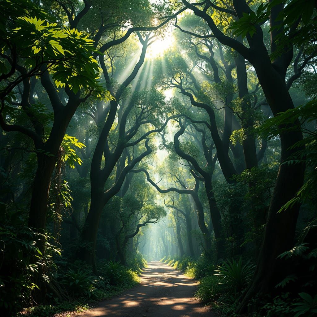 Enchanted Congolese Forest Path in Vibrant, Matte Style
