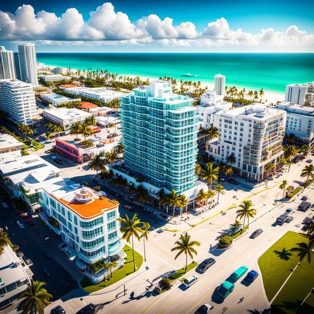 Sunny Aerial View of Miami Beach Ocean Drive