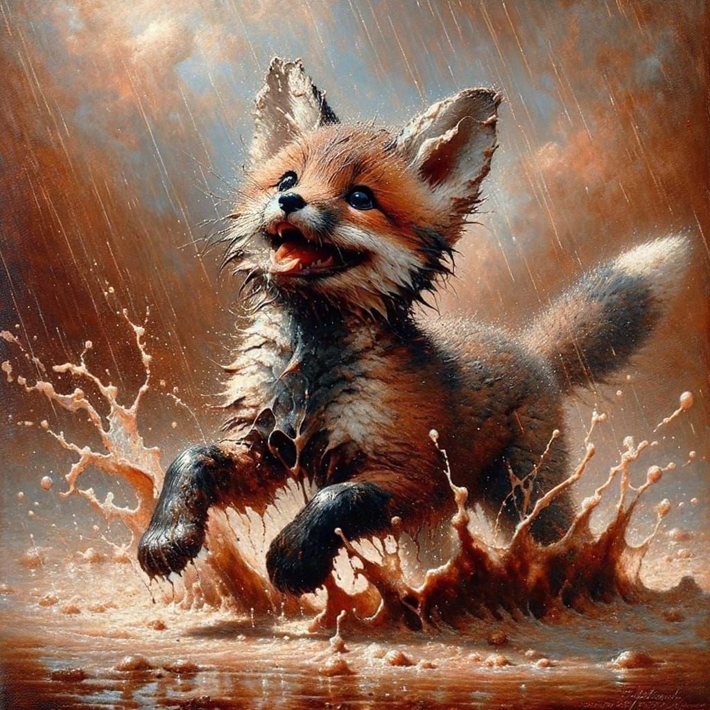 Muddy Fox Cub Splashing in Puddle Oil Painting