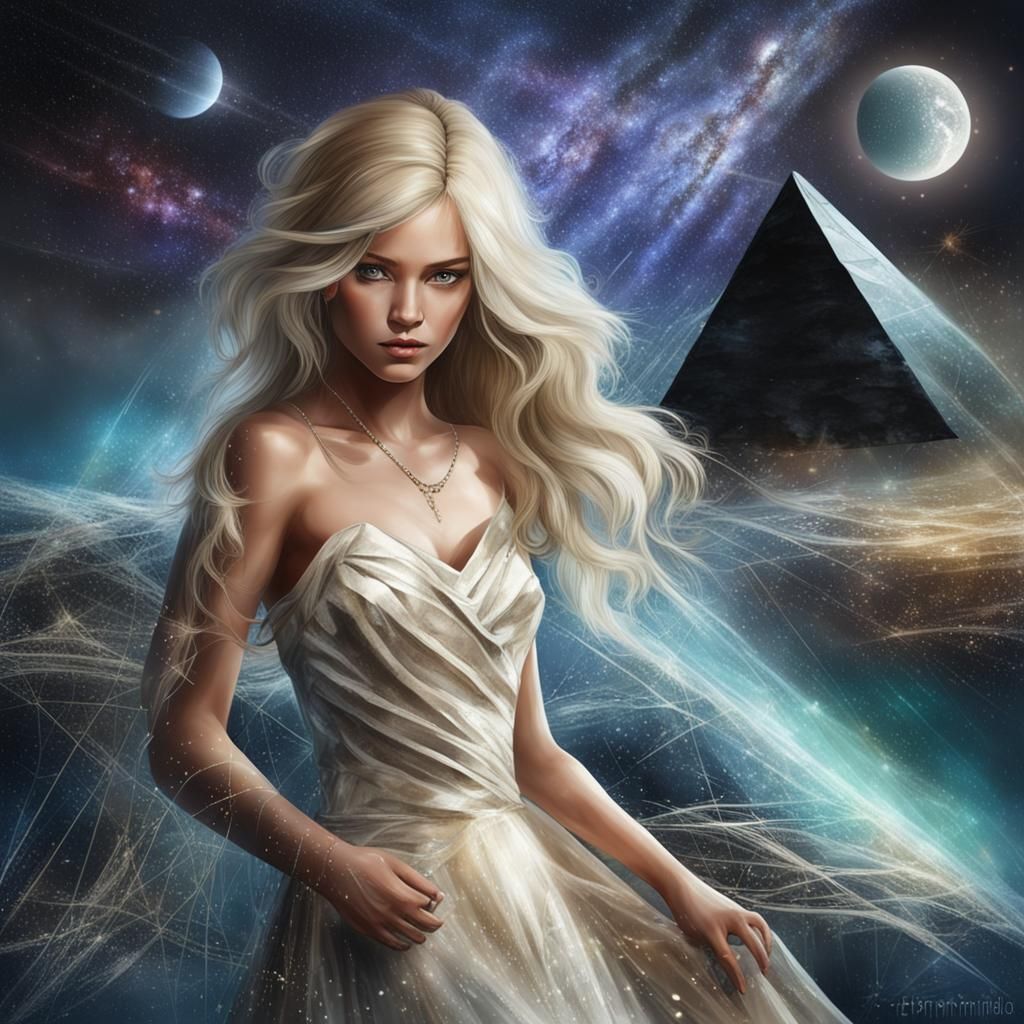 Blonde Woman with Emerald Eyes Before Starry Pyramid