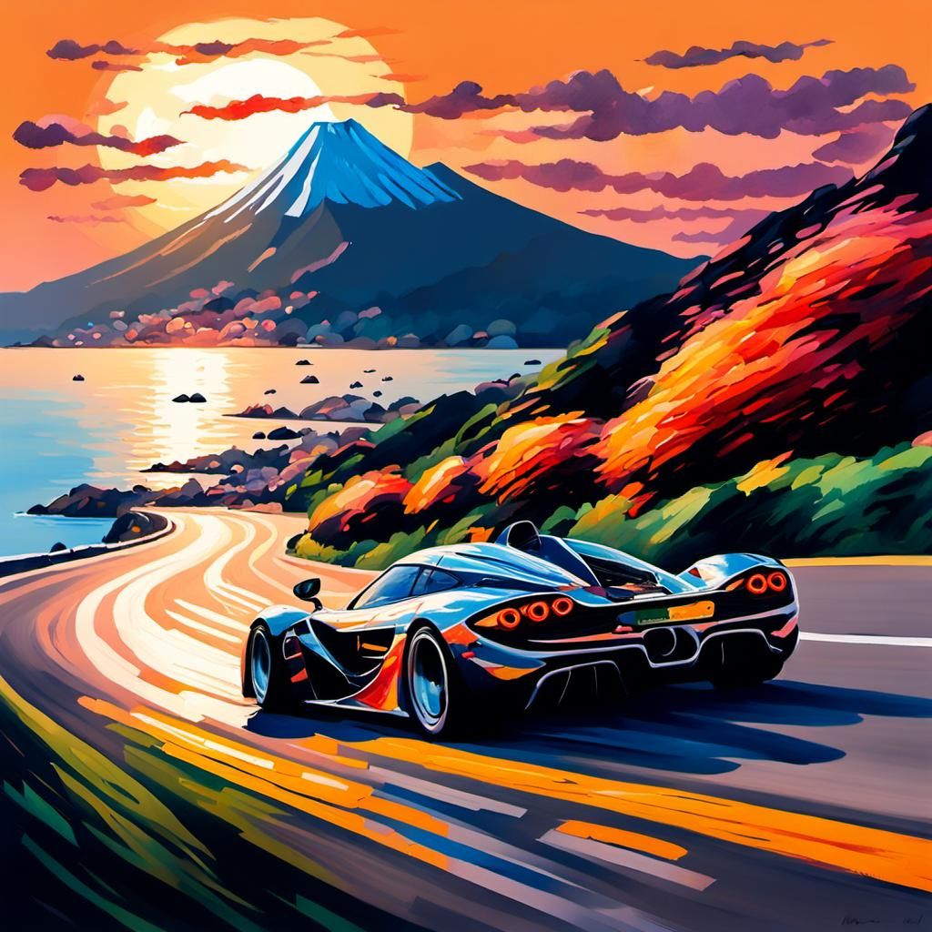 McLaren F1 Sunset Drive: Impressionist Gouache Painting