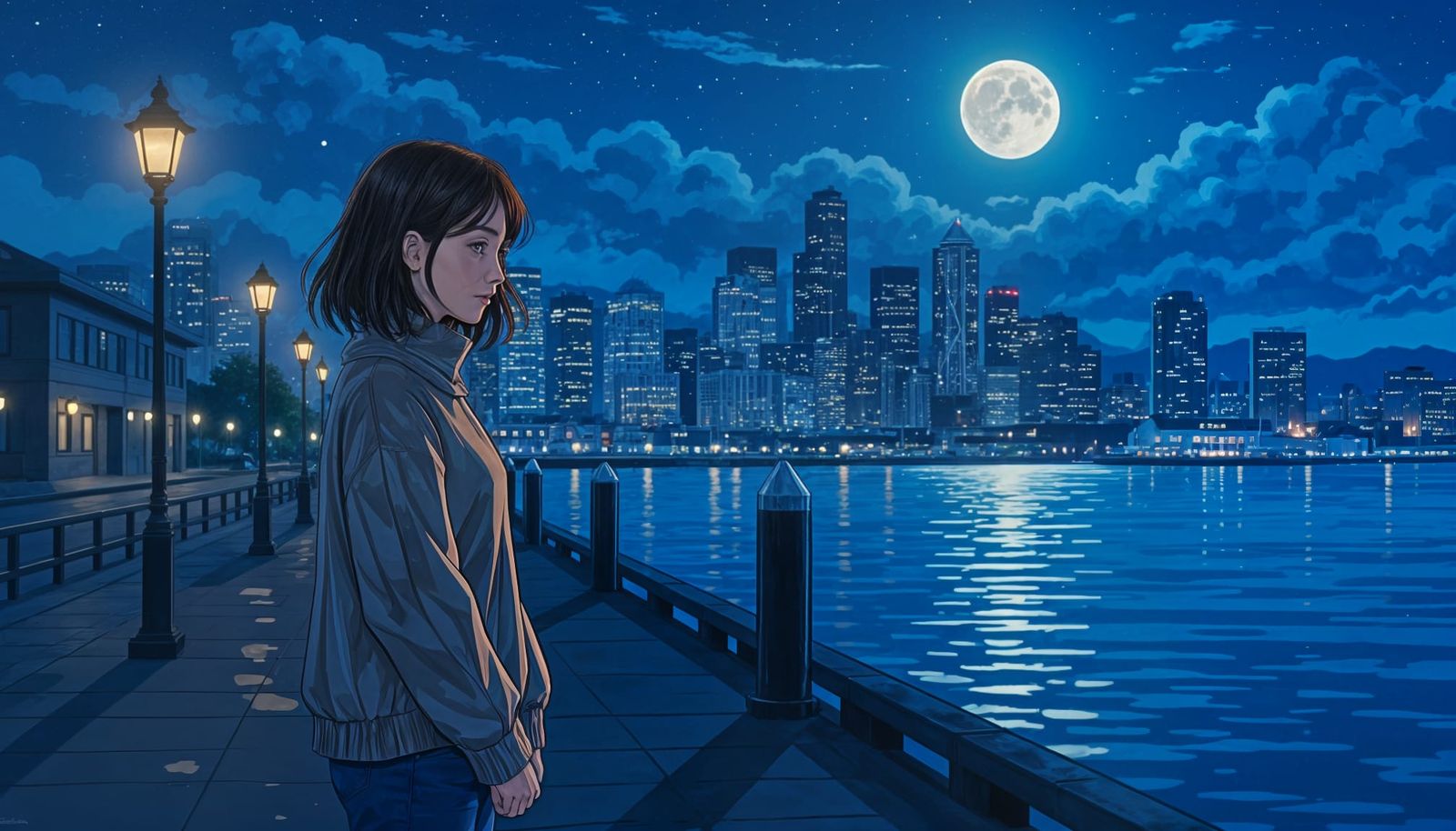 Moonlight Over Seattle Skyline