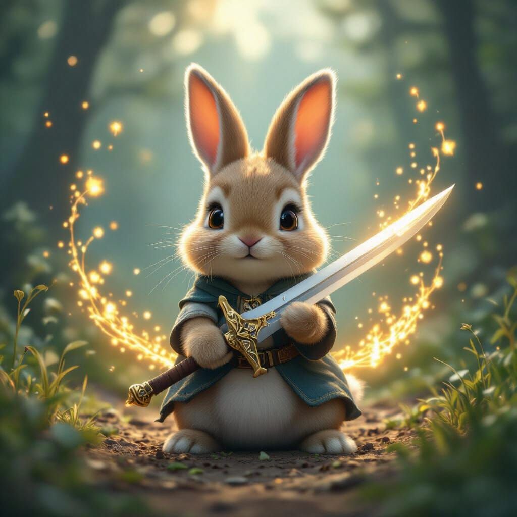 Magical Bunny with Sword in Golden Aura