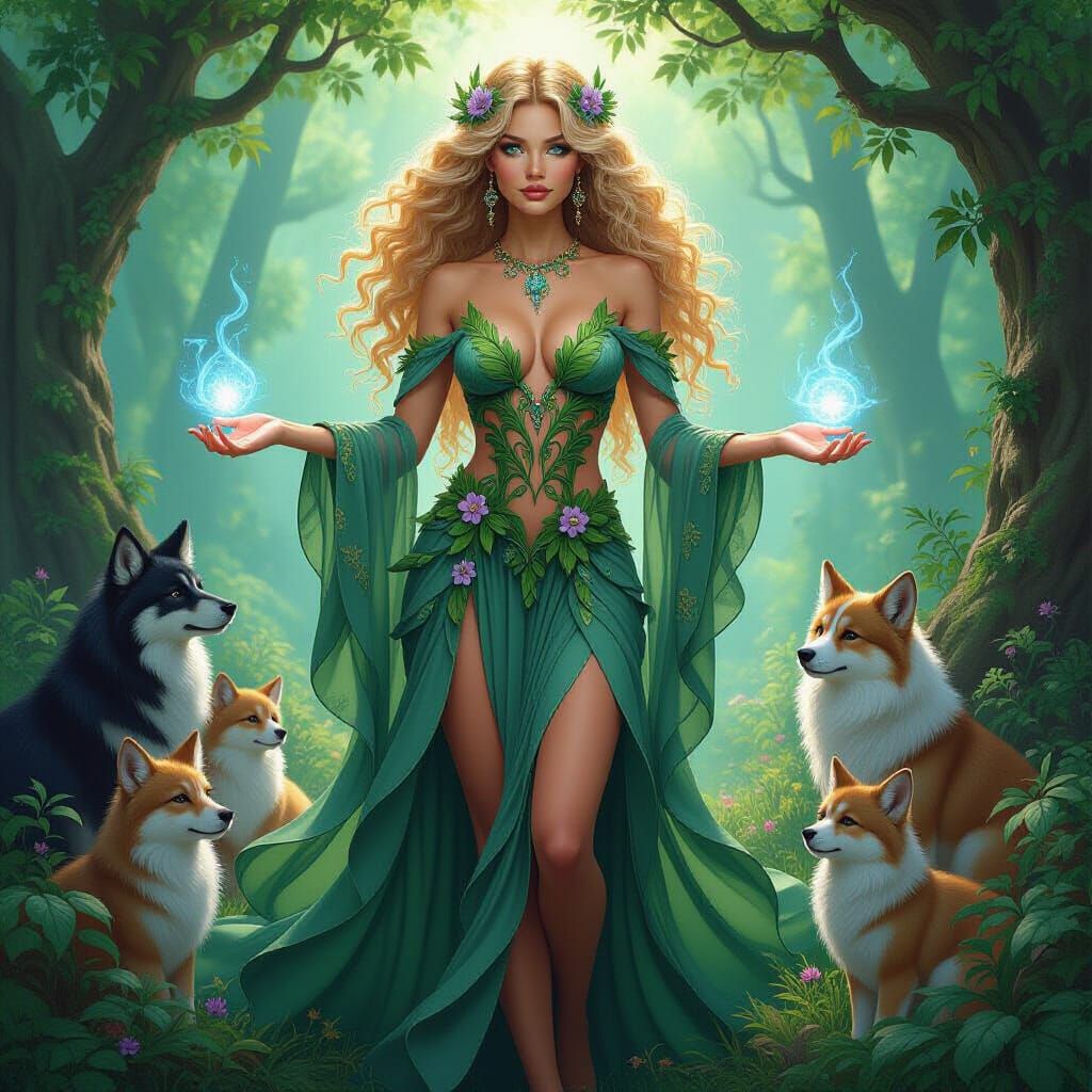 Warrior Goddess of Nature with Flowing Floral Gown