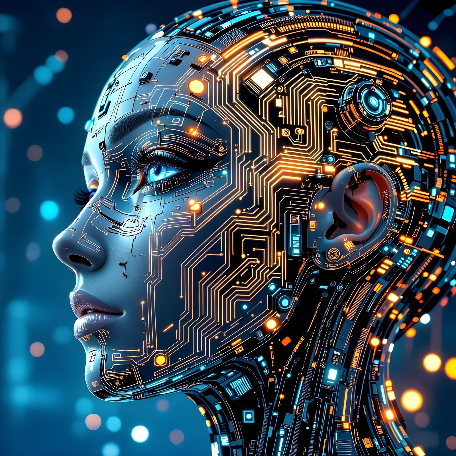 Hyperrealistic Android Face with Glowing Circuits