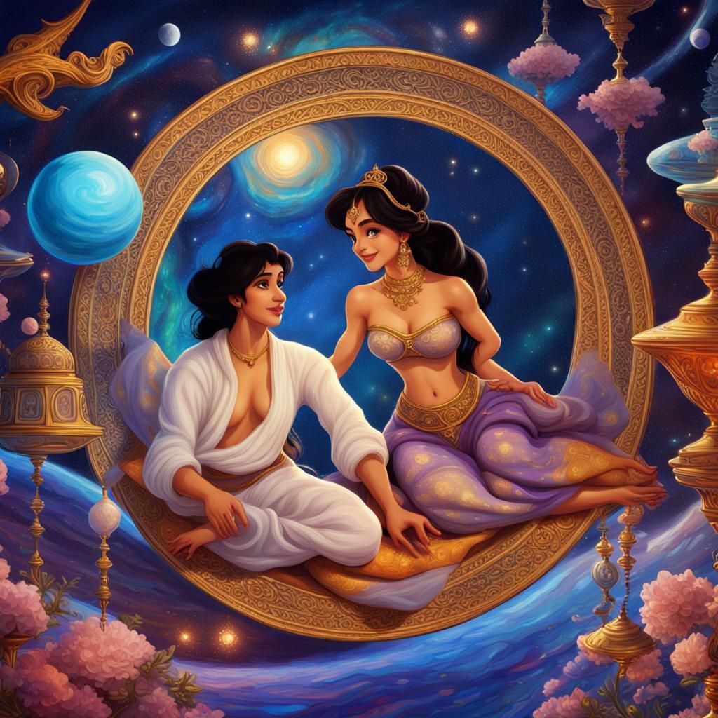Jasmine and Aladdin on the magic carpet in outer space   8k resolution holographic astral cosmic illustration mixed medi...