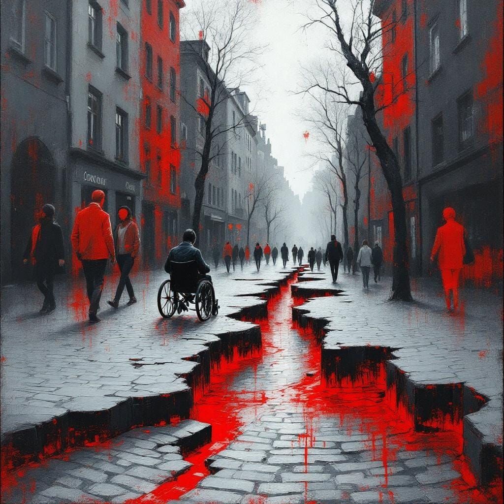 Expressionist Painting of a Wheelchair on Cobblestone Street