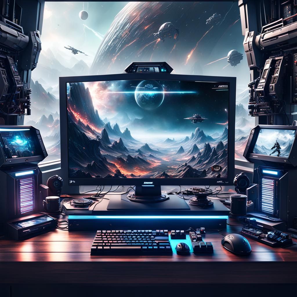 Sci-Fi Gaming PC Setup in Digital Matte Painting