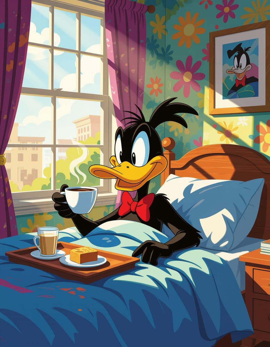 Daffy Duck Enjoys Coffee in Sunlit Bedroom