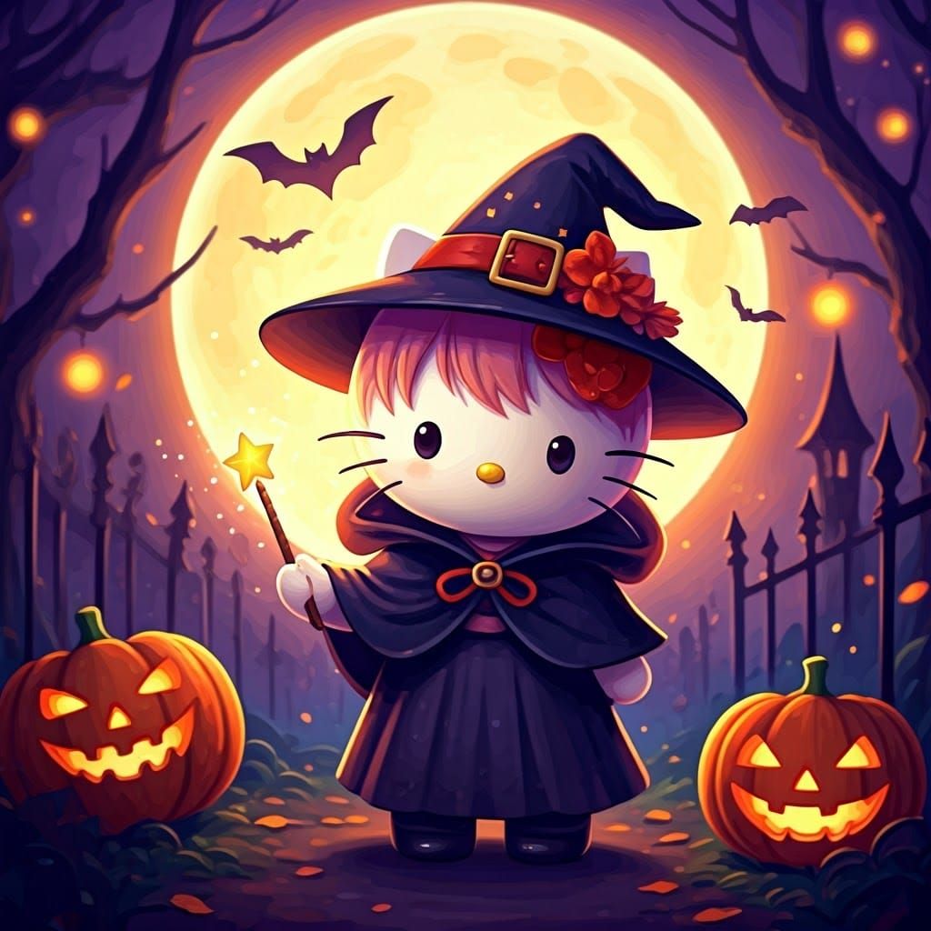 Hello Kitty Witch in Anime Style for Halloween