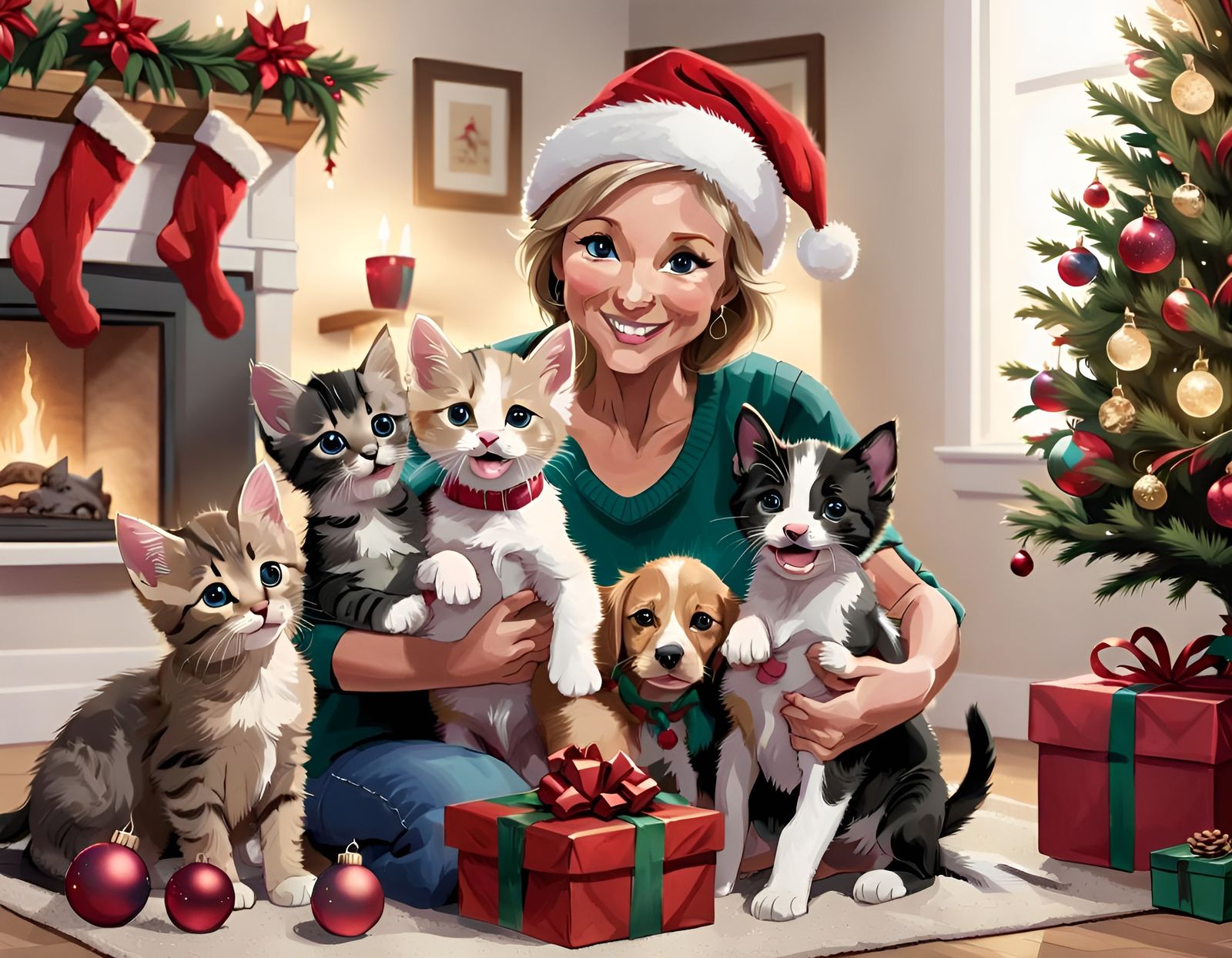 Kittens and Dog Mom Celebrate Christmas