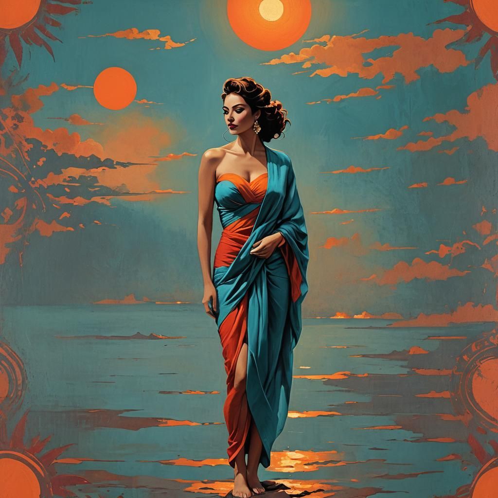 Woman in Sarong at Sunset, Pin-Up Style