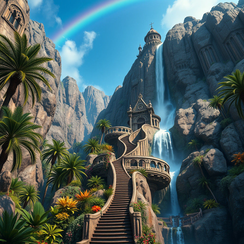 Baroque Gothic Castle on Rocky Mountain Staircase