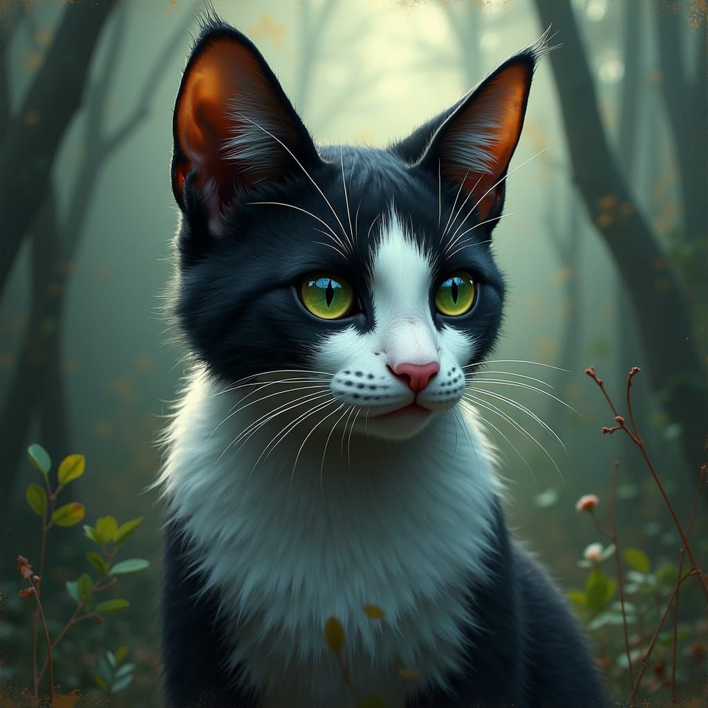 Mystical Mottled Cat with Green Eyes, Detailed Matte Paintin...
