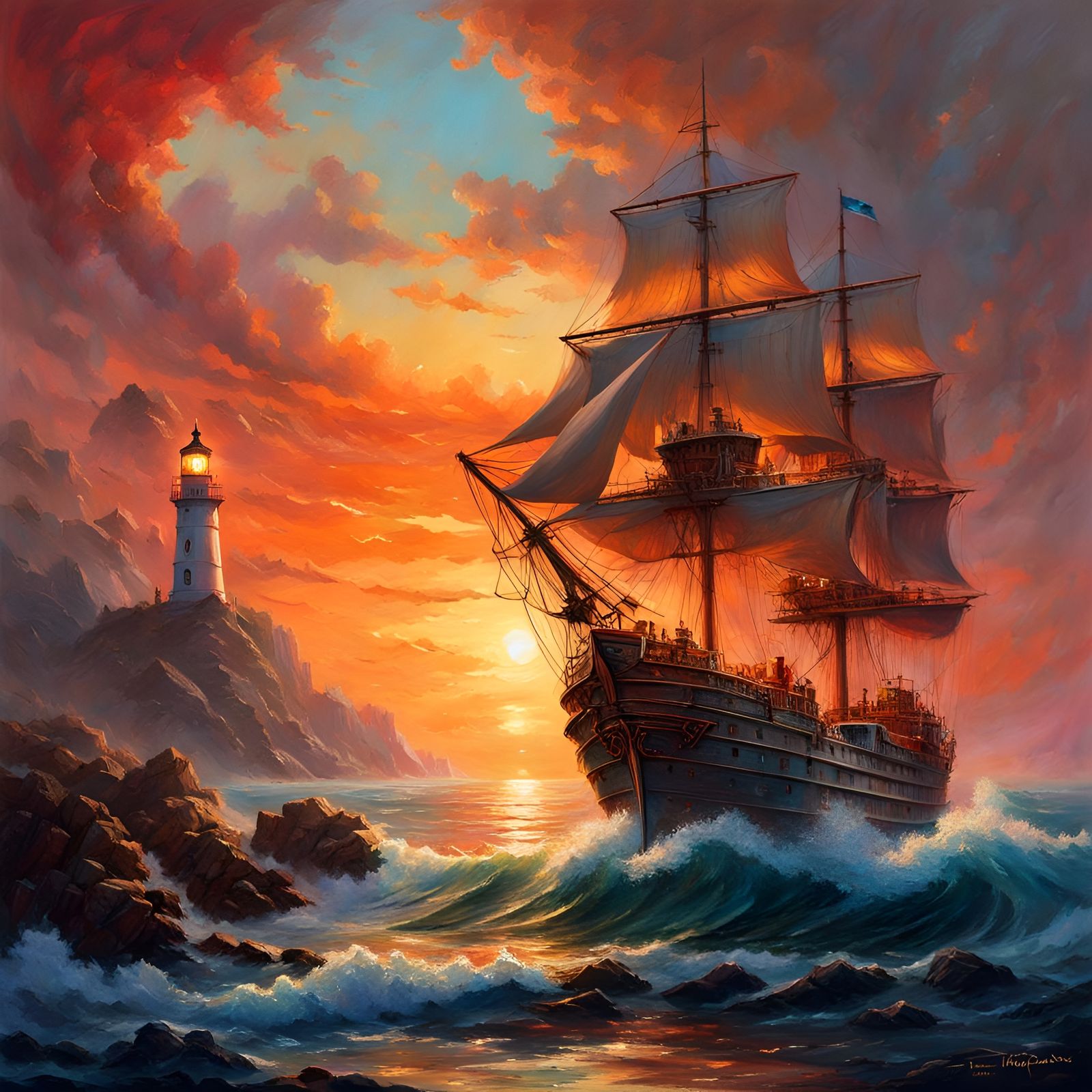 Hyperrealistic Ship and Lighthouse at Sunset
