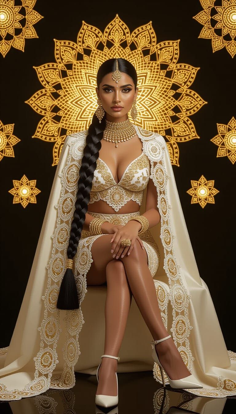 Stunning Indian Woman in Ivory Lace Outfit with Golden Embro...