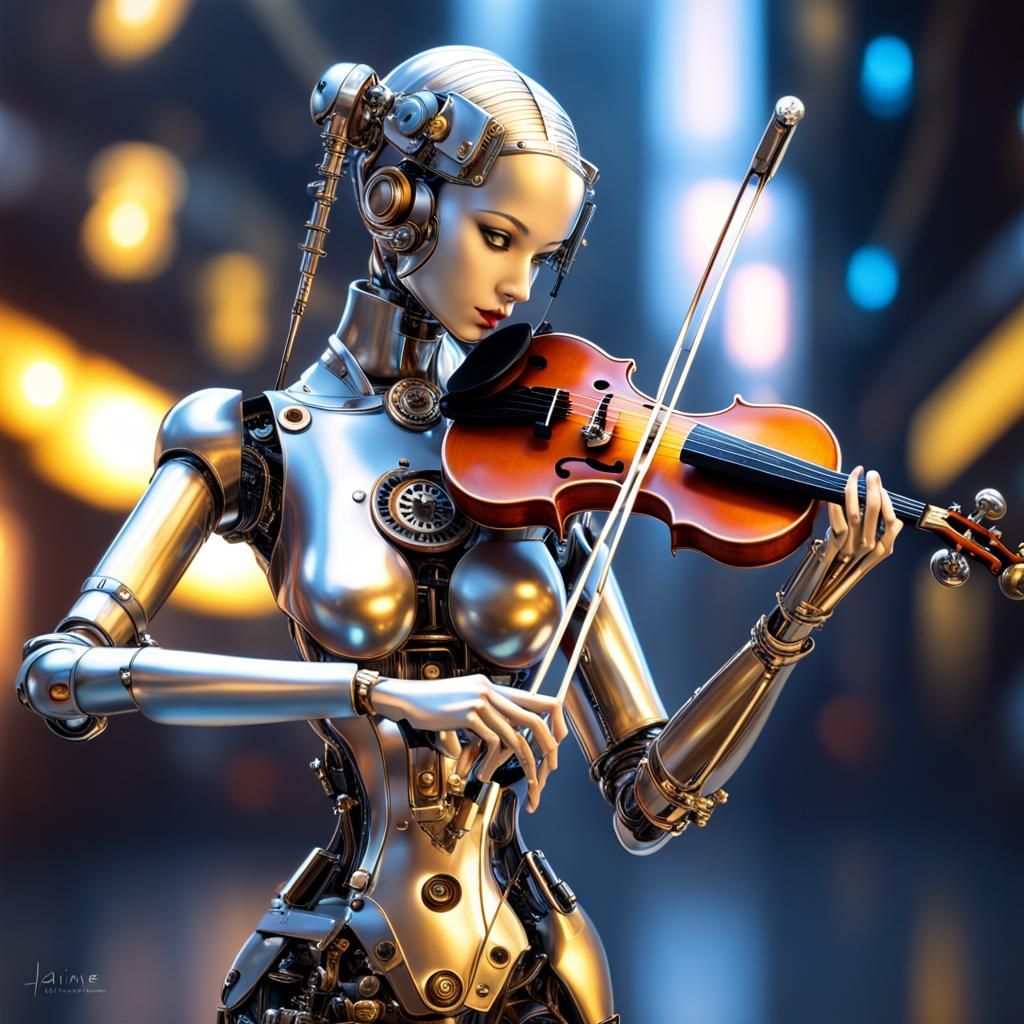 Steampunk Robot Violinist in Cyberpunk Style