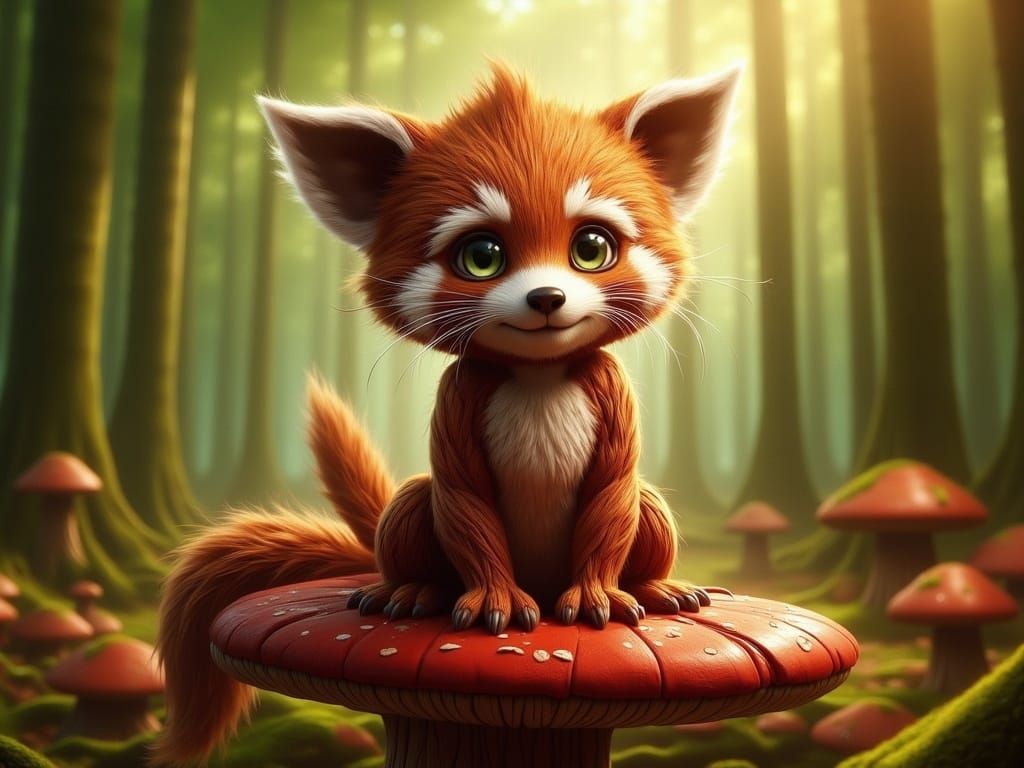 Adorable Red Panda on Toadstool in Bamboo Forest