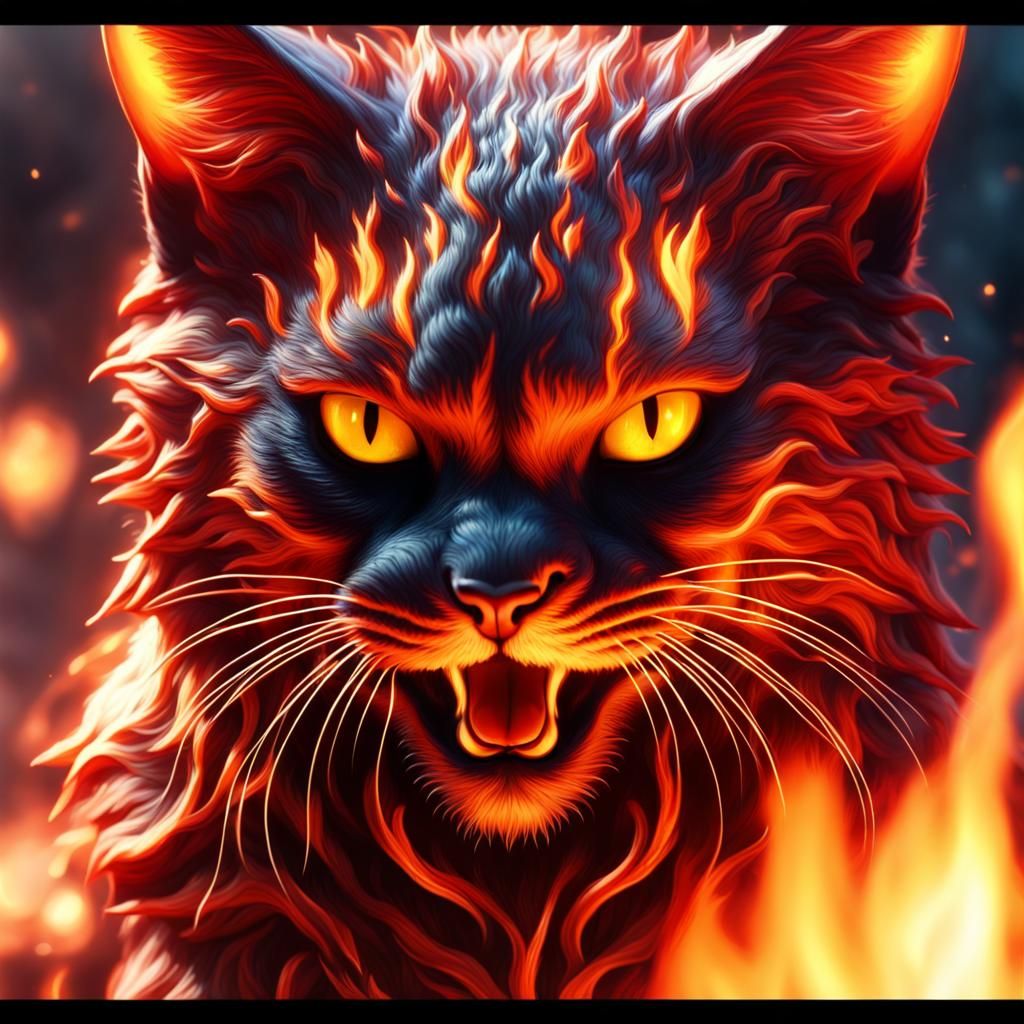 Fiery Cat Close-Up: Detailed Fantasy Art