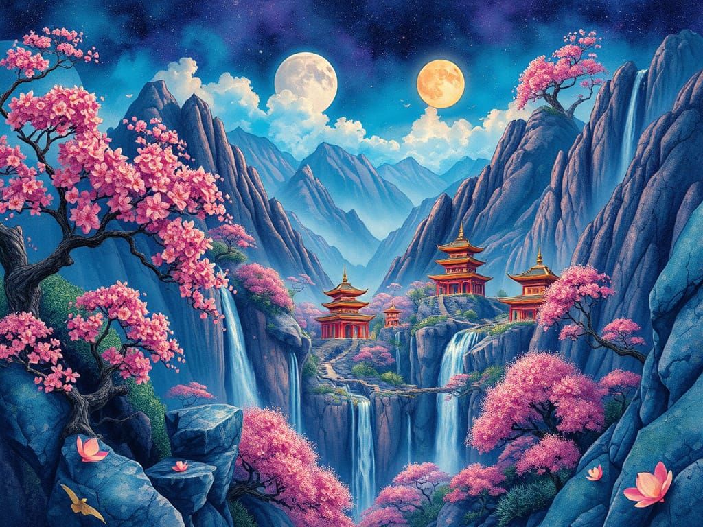 Mystical Asian Landscape in Watercolor and Ink