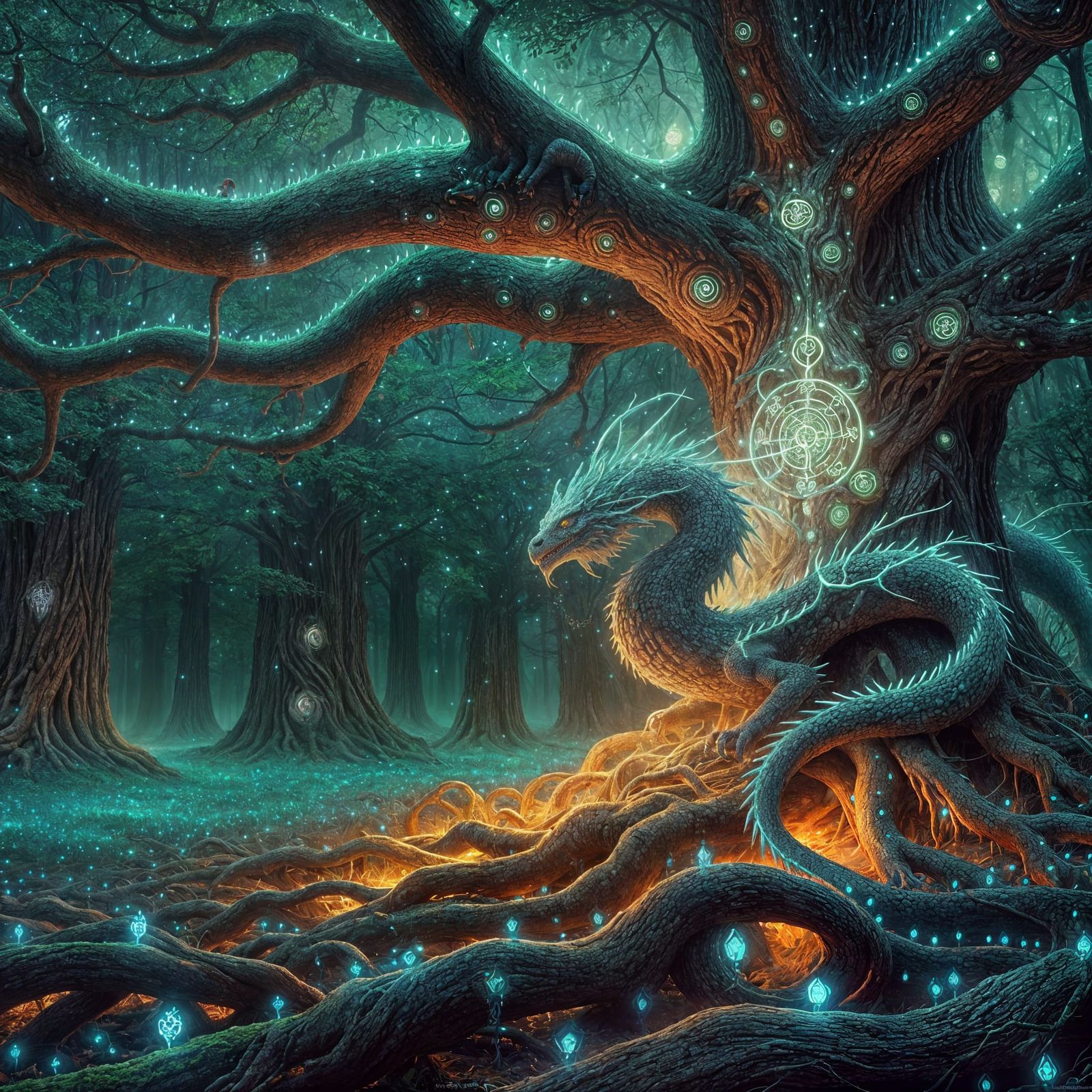 Bioluminescent Dragon Guardian of Ancient Tree, Romantic Oil