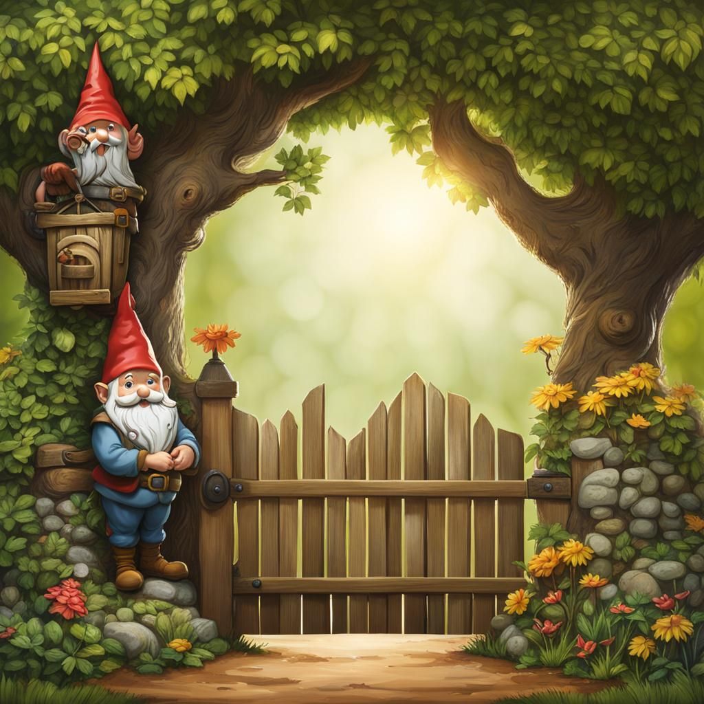 Tree Over Garden Gate With Gnome