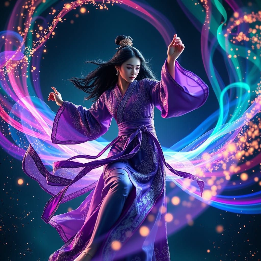 Mystical Xuanhuan Dancer in Vibrant, Iridescent Robes