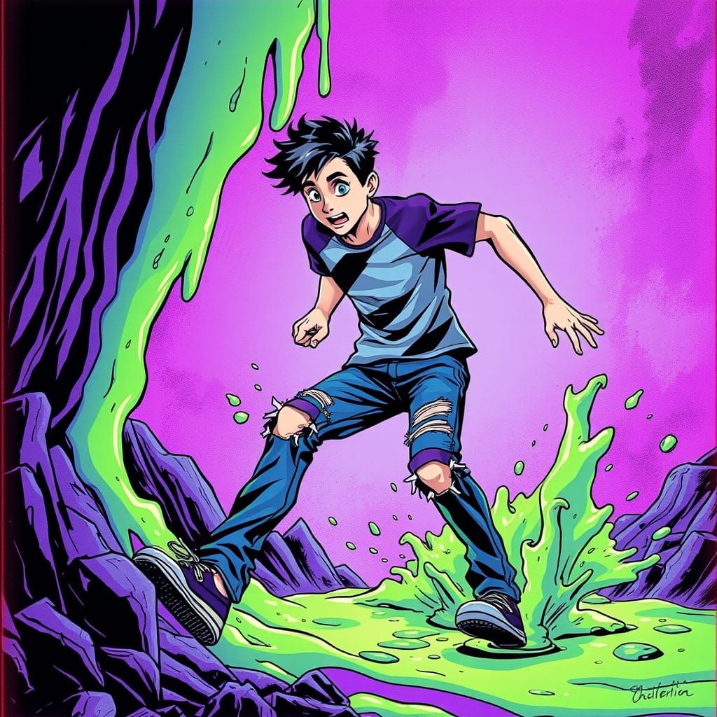 Teen Runs From Slime in 90s Horror Comic Style