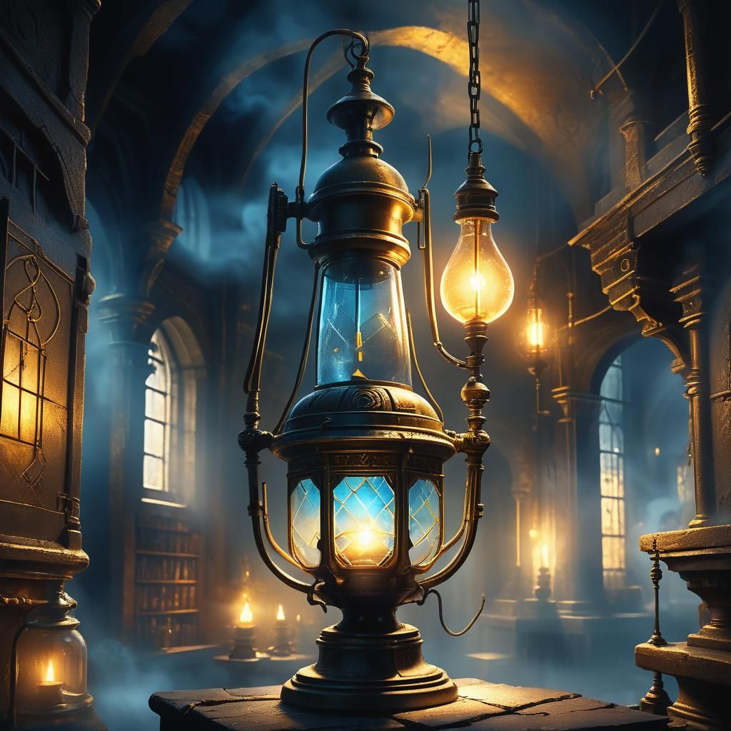 Glowing Lamp in Mystical Laboratory, Fantasy Concept Art