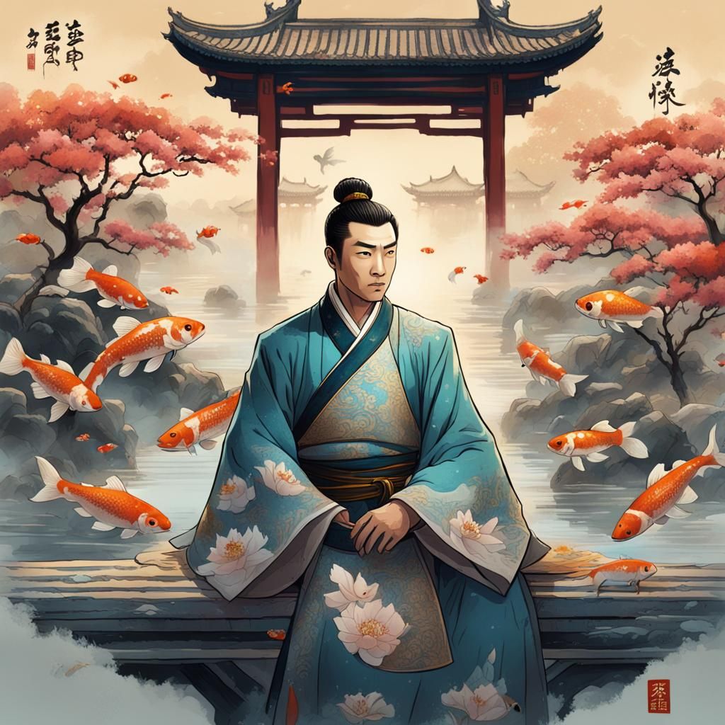 Chinese Prince Ink Sketch with Lotus and Koi